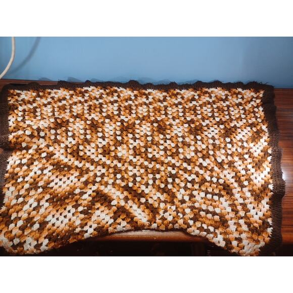 Handmade Crocheted Popcorn Stitch Brown White & Tan Blanket Unique Warm Beauty - Picture 7 of 9